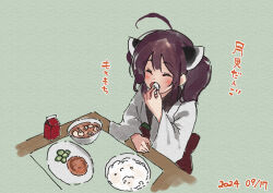 Rule 34 | 1girl, ahoge, blush, bowl, brown hair, closed eyes, commentary request, dated, eating, facing viewer, food, food request, green background, hand up, headgear, holding, holding food, japanese clothes, kimono, lamb (hitsujiniku), long sleeves, obi, open mouth, plate, rice, rice bowl, sash, solo, touhoku kiritan, translation request, twintails, upper body, voiceroid, white kimono, wide sleeves