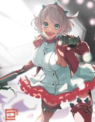 Rule 34 | 1girl, absurdres, ahoge, blue eyes, boots, bracelet, breasts, clover, collar, dress, elphelt valentine, four-leaf clover, frilled dress, frills, goh penguins, guilty gear, guilty gear strive, gun, hairband, highres, holding, holding gun, holding microphone, holding weapon, huge ahoge, jacket, jewelry, large breasts, long sleeves, looking at viewer, medium hair, microphone, open mouth, pink dress, pink footwear, pink hairband, pink jacket, short hair, sideboob, skull print, smile, spiked bracelet, spiked collar, spiked hairband, spikes, thigh boots, two-tone dress, weapon, white dress, white hair