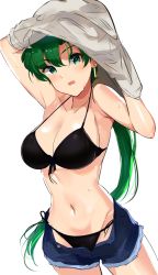Rule 34 | 1girl, alternate costume, armpits, bikini, bikini under clothes, black bikini, blouse, breasts, cleavage, clothes lift, cowboy shot, fire emblem, fire emblem: the blazing blade, fire emblem heroes, green eyes, green hair, head tilt, high ponytail, highres, long hair, looking at viewer, lyn (fire emblem), navel, nintendo, ormille, parted bangs, ponytail, shirt, shirt lift, short shorts, shorts, simple background, smile, solo, stomach, string bikini, swimsuit, undressing, unfastened, very long hair, white background, white shirt