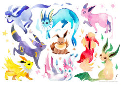 Rule 34 | animal focus, black eyes, blue hair, bow, brown eyes, bug, butterfly, closed mouth, colored sclera, creatures (company), eevee, espeon, evolutionary line, fins, fire, flareon, forehead jewel, game freak, gen 1 pokemon, gen 2 pokemon, gen 4 pokemon, gen 6 pokemon, glaceon, heart, insect, jolteon, leaf, leafeon, lilblueorchid, moon, nintendo, painting (medium), pokemon, pokemon (creature), red sclera, ribbon, sidelocks, signature, smile, star, stick, sun, sylveon, thunder, traditional media, tumblr username, umbreon, vaporeon, water, watercolor (medium)