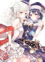 Rule 34 | 2girls, alice (sinoalice), belt, black gloves, black hair, blue eyes, bow, bracelet, buckle, chain, choker, christmas, closed mouth, dress, fur trim, gift, gloves, grey eyes, hair ornament, hat, holding, holding gift, jewelry, looking at viewer, mcmcmococo, multiple girls, open mouth, parted lips, petticoat, red eyes, santa hat, shawl, short hair, simple background, sinoalice, snow white (sinoalice), white hair