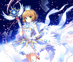 Rule 34 | 1girl, ahoge, blush, brown hair, cardcaptor sakura, closed mouth, commentary request, cowboy shot, crown, dress, feathered wings, gloves, green eyes, highres, holding, holding wand, kinomoto sakura, looking at viewer, mini crown, nardack, sleeveless, sleeveless dress, smile, solo, wand, white dress, white gloves, white wings, wings, yume no tsue
