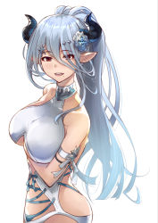 Rule 34 | 1girl, armband, bad id, bad pixiv id, bare shoulders, blue hair, blush, breast hold, breasts, clothing cutout, collarbone, cross-laced clothes, draph, flower, granblue fantasy, hair between eyes, hair flower, hair ornament, halterneck, hip focus, horns, izmir, izmir (summer) (granblue fantasy), large breasts, long hair, looking at viewer, mole, mole under mouth, nishitaka, one-piece swimsuit, pointy ears, ponytail, red eyes, simple background, smile, solo, swimsuit, underboob cutout, white background, white one-piece swimsuit