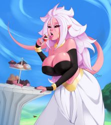 Rule 34 | 1girl, absurdres, ahoge, android 21, arm warmers, artist name, baggy pants, bangle, bare shoulders, black nails, black sclera, blue sky, bracelet, breasts, cherry, chocolate, cleavage, colored sclera, colored skin, cupcake, day, doughnut, dragon ball, dragonball z, ear piercing, earrings, eating, food, fruit, half-closed eyes, highres, hoop earrings, jewelry, large breasts, long hair, looking at viewer, majin android 21, messy hair, monster girl, nail polish, navel, outdoors, pants, piercing, pink skin, pointy ears, red eyes, sky, solgryn, solo, strapless, sweets, table, tail, tongue, tongue out, tube top, very long hair, white hair, white pants
