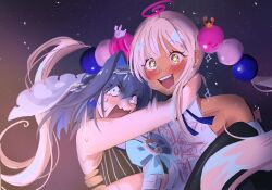 Rule 34 | + +, 2girls, arms around neck, bare shoulders, blue eyes, blue hair, blush, breasts, carrying, chain, chain headband, commentary, crying, crying with eyes open, dark-skinned female, dark skin, dated commentary, english commentary, hair between eyes, hair ornament, happy, highres, hololive, hololive english, large breasts, limiter (tsukumo sana), long hair, motion lines, multiple girls, open mouth, ouro kronii, ouro kronii (1st costume), planet hair ornament, princess carry, scared, short hair, space, sparkle, star (sky), tears, teeth, tsukumo sana, tsukumo sana (1st costume), twintails, underboob, upper body, upper teeth only, virtual youtuber, white hair, white veil, wide-eyed, yellow eyes, yorobisan