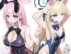 Rule 34 | 3girls, absurdres, alternate costume, animal ears, armpits, arms up, bandaid, bandaid on shoulder, bare shoulders, black bow, black bowtie, black leotard, blonde hair, blue archive, blue bow, blue bowtie, blue eyes, blue hair, blue leotard, blush, bow, bowtie, braid, breast zipper, breasts, brown pantyhose, cleavage, closed eyes, closed mouth, collarbone, commentary request, covered navel, cowboy shot, detached collar, eimi (blue archive), fake animal ears, fake tail, groin, hairband, halo, hands up, highleg, highleg leotard, highres, himari (blue archive), large breasts, leotard, long hair, looking at viewer, medium breasts, multicolored hair, multiple girls, official alternate costume, open mouth, pantyhose, patch, pink eyes, pink hair, playboy bunny, pointy ears, powered wheelchair, projectorzero, purple eyes, rabbit ears, rabbit pose, rabbit tail, simple background, single braid, sitting, standing, strapless, strapless leotard, streaked hair, tail, toki (blue archive), toki (bunny) (blue archive), wheelchair, white background, white hair, wrist cuffs, zipper, zipper pull tab