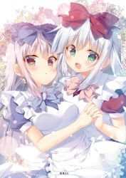 Rule 34 | 10s, 2girls, :d, airi (alice or alice), alice or alice, apron, artist name, blue bow, blue neckwear, blue shirt, blue skirt, blush, bow, brown eyes, dress shirt, green eyes, hair between eyes, hair bow, highres, holding hands, interlocked fingers, long hair, mitsumomo mamu, multiple girls, open mouth, parted lips, pink neckwear, red bow, red shirt, rise (alice or alice), shirt, short sleeves, siblings, silver hair, sisters, skirt, smile, twins, white apron
