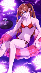 Rule 34 | 1girl, absurdres, alternate breast size, artist request, bare legs, bare shoulders, bikini, blue eyes, breasts, gloves, hair ornament, highres, interface headset, large breasts, long hair, looking at viewer, lying, neon genesis evangelion, red bikini, shiny clothes, shiny skin, side-tie bikini bottom, simple background, smile, solo, souryuu asuka langley, spread legs, swimsuit, thong bikini, two side up, underwear, very long hair, water, wide hips
