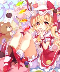 Rule 34 | 1girl, ascot, blonde hair, bloomers, bobby socks, eating, flandre scarlet, food, food on face, hat, hat ribbon, heart, heart-shaped pupils, looking at viewer, mob cap, paragasu (parags112), puffy short sleeves, puffy sleeves, red eyes, red footwear, red ribbon, red skirt, ribbon, shoes, short sleeves, side ponytail, sitting, skirt, skirt set, socks, solo, stuffed animal, stuffed toy, symbol-shaped pupils, teddy bear, touhou, underwear, white socks, wings, wrist cuffs