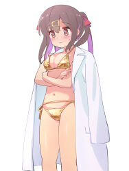 Rule 34 | 1girl, bare legs, bikini, black hair, blush, breasts, brown eyes, coat, coat on shoulders, commentary, crossed arms, dot nose, gold bikini, hair between eyes, hair ornament, hair ribbon, hairclip, highres, kyarahiba, lab coat, large breasts, long hair, multicolored hair, navel, onii-chan wa oshimai!, open clothes, oyama mihari, purple hair, red ribbon, ribbon, side-tie bikini bottom, simple background, solo, sweatdrop, swimsuit, twintails, two-tone hair, white background