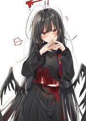 Rule 34 | 1girl, absurdres, black hair, black skirt, black wings, blood, blood halo, blood on clothes, blue archive, blush, deitaku, halo, highres, liquid halo, long hair, looking at viewer, low wings, own hands together, pleated skirt, red eyes, sailor collar, school uniform, shirt, skirt, smile, solo, torn clothes, torn shirt, tsurugi (blue archive), very long hair, wings