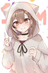 Rule 34 | 1girl, absurdres, animal hood, berry, black choker, blush, brown hair, brown hoodie, choker, confetti, congratulations, crossed bangs, earrings, ears through headwear, food-themed earrings, highres, hirasawa izumi, hololive, hololive english, hood, hood up, hoodie, jewelry, looking at viewer, multicolored hair, nanashi mumei, nanashi mumei (casual), necklace, pointing, pointing up, red shirt, shirt, simple background, smile, streaked hair, virtual youtuber