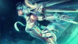 Rule 34 | 1girl, android, aqua hair, artist name, bodysuit, breasts, eddy shinjuku, closed eyes, from side, glowing, green background, green hair, hatsune miku, highres, lips, long hair, machine, mechanical parts, mechanical wings, medium breasts, necktie, outstretched arms, profile, realistic, resized, solo, twintails, very long hair, vocaloid, wallpaper, watermark, web address, wings