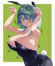 Rule 34 | 1girl, animal ears, armpits, blue hair, blush, blush stickers, breasts, cleavage, collarbone, covered navel, embarrassed, fake animal ears, fishnet pantyhose, fishnets, green background, hands up, highres, kawashiro nitori, large breasts, leotard, looking at viewer, megame (okbnkn), off shoulder, pantyhose, playboy bunny, rabbit ears, rabbit pose, rabbit tail, sideboob, simple background, solo, tail, touhou, two side up, upper body, wavy mouth