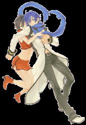 Rule 34 | 1boy, 1girl, blue scarf, couple, full body, hetero, high heels, hug, kaito (vocaloid), meiko (vocaloid), one eye closed, scarf, shoes, short hair, skirt, transparent background, vocaloid, wink