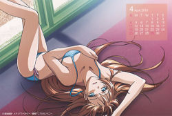 Rule 34 | 1girl, arm up, artist request, bare legs, bare shoulders, bikini, blue bikini, blue eyes, breast hold, breasts, brown hair, calendar, carpet, collarbone, covering breasts, covering privates, female focus, floor, highres, indoors, kampfer, legs, legs up, light smile, long hair, looking at viewer, lying, official art, official wallpaper, on back, on floor, open mouth, sakura kaede, scan, shade, shadow, side-tie bikini bottom, solo, strap, swimsuit, text focus, thighs, upside-down