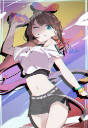 Rule 34 | 1girl, absurdres, arm up, bad id, bad pixiv id, black choker, black shorts, blue eyes, bow, bracelet, breasts, brown hair, character name, choker, cowboy shot, crop top, floating hair, grin, hair bow, highres, holding, huge filesize, jewelry, kizuna ai, kizuna ai inc., long hair, looking at viewer, medium breasts, midriff, miyu10366, navel, off shoulder, official alternate costume, one eye closed, red bow, short shorts, short sleeves, shorts, smile, solo, standing, stomach, virtual youtuber