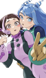 Rule 34 | 2girls, absurdres, black bodysuit, blue bodysuit, blue eyes, blue hair, bodysuit, boku no hero academia, brown eyes, brown hair, drill hair, fengling (furin-jp), gloves, green bodysuit, hadou nejire, highres, looking at viewer, multicolored bodysuit, multicolored clothes, multiple girls, open mouth, pink bodysuit, simple background, superhero costume, twin drills, uraraka ochako, v, white background, yellow gloves
