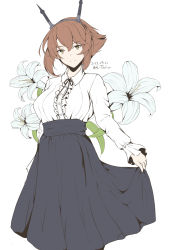 Rule 34 | 1girl, alternate costume, artist name, brown hair, clothes lift, dated, floral background, frilled shirt, frills, headgear, highres, kantai collection, long skirt, looking at viewer, mutsu (kancolle), pleated skirt, shirt, short hair, simple background, skirt, skirt lift, solo, taira yuuki, white background, white shirt, yellow eyes