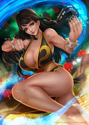 Rule 34 | 1girl, alternate costume, alternate hairstyle, bare shoulders, black dress, black hair, bracelet, braid, breasts, brown eyes, china dress, chinese clothes, chun-li, cleavage, dress, fighting stance, large breasts, long hair, looking at viewer, magion02, nail polish, solo, spiked bracelet, spikes, street fighter, street fighter v, twin braids
