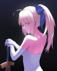 Rule 34 | 1girl, absurdres, ahoge, alternate costume, artoria pendragon (all), artoria pendragon (fate), back, back focus, bare shoulders, blonde hair, blue bow, bow, breasts, closed mouth, dark background, dress, elbow gloves, fate/stay night, fate (series), from behind, gloves, gradient background, green eyes, hair bow, highres, long hair, looking at viewer, looking back, nape, obabynight, planted, planted sword, planted weapon, ponytail, saber (fate), sidelocks, small breasts, solo, sword, upper body, weapon, white dress, white gloves
