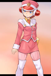 Rule 34 | 1girl, blue eyes, blush, brown hair, closed mouth, crying, crying with eyes open, eyebrows, female focus, hat, helmet, highres, legs apart, long sleeves, looking to the side, necktie, pantyhose, pink pantyhose, short hair, simple background, solo, standing, t-ai (transformers), tarayama, tears, thighhighs, transformers, uniform
