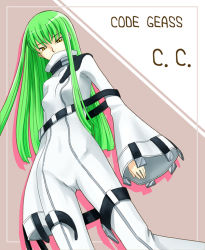 Rule 34 | 00s, 1girl, c.c., character name, code geass, copyright name, from below, green hair, long sleeves, looking at viewer, looking down, nazo kichi, robe, sidelocks, solo, standing, straitjacket, wide sleeves, yellow eyes