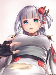 Rule 34 | 1girl, aono illust, artist name, azur lane, black gloves, blue eyes, blunt bangs, blush, breasts, eyeshadow, gloves, hair ornament, highres, japanese clothes, kimono, lap pillow, large breasts, light particles, long hair, looking at viewer, makeup, mole, mole under eye, open mouth, partially fingerless gloves, reaching, reaching towards viewer, shoukaku (azur lane), sidelocks, silver hair, simple background, smile, solo, sparkle, tareme, tassel, wide sleeves