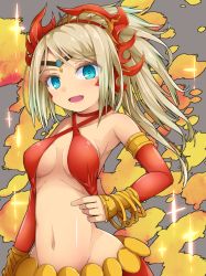 Rule 34 | 1girl, blonde hair, blue eyes, bracelet, breasts, criss-cross halter, detached sleeves, echidna (p&amp;d), hair ornament, halterneck, halterneck, highres, jewelry, long hair, long sleeves, looking at viewer, midriff, navel, open mouth, puzzle &amp; dragons, solo, tiara, upper body, uumaru1869