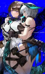 Rule 34 | 2girls, absurdres, arknights, arm strap, bandeau, bare shoulders, black gloves, blue background, blue eyes, breasts, brown hair, commentary request, commission, cosplay, costume switch, dress, eunectes (arknights), eunectes (arknights) (cosplay), fingerless gloves, gloves, green eyes, grey hair, head wings, highres, ho&#039;olheyak (arknights), ho&#039;olheyak (arknights) (cosplay), large breasts, looking at viewer, multiple girls, short hair, smile, standing, white dress, white gloves, wings, yuki flourish