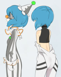 Rule 34 | 1girl, ass, ayanami rei, blue eyes, breasts, clown, clown nose, closed eyes, from behind, grey background, hat, highres, multiple views, neon genesis evangelion, onionsketch, party hat, pilot suit, plugsuit, short hair, small breasts, undressing