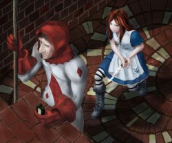 Rule 34 | 1girl, alcohol, alice: madness returns, alice (alice in wonderland), alice in wonderland, alice liddell (american mcgee&#039;s alice), american mcgee&#039;s alice, american mcgee's alice, blue eyes, boots, dagger, dress, gloves, hood, knife, kome (okome-smile), pantyhose, red hair, striped clothes, striped pantyhose, weapon