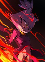 1girl animal_ears black_background blaze_the_cat cat_ears fire forehead_jewel furry furry_female gloves glowing glowing_eyes gold_necklace hair_ribbon highres jewelry leaning_forward necklace raph_mavrost ribbon smile smirk solo sonic_(series) yellow_eyes