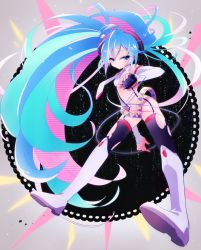 Rule 34 | 1girl, bad id, bad pixiv id, blue eyes, blue hair, boots, detached sleeves, garter straps, hatsune miku, highres, knee boots, long hair, matching hair/eyes, microphone, necktie, solo, thighhighs, torn clothes, torn thighhighs, twintails, udon (improvisation), very long hair, vocaloid
