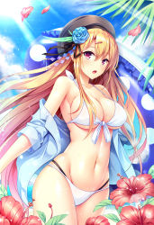 Rule 34 | 1girl, :o, bare shoulders, beret, bikini, black hat, blonde hair, blue sky, breasts, cleavage, cloud, collarbone, cowboy shot, day, destiny child, eve (destiny child), flower, groin, hair ornament, hairclip, hat, hibiscus, highres, holding, holding swim ring, innertube, kurowana, large breasts, long hair, looking at viewer, navel, off shoulder, open clothes, open mouth, outdoors, palm leaf, purple eyes, sidelocks, skindentation, sky, solo, stomach, sunlight, swim ring, swimsuit, thighs, very long hair, wet, white bikini