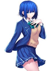 Rule 34 | 1girl, absurdres, blue eyes, blue hair, blue skirt, bow, bowtie, ciel (tsukihime), closed mouth, cowboy shot, exa (koyuru), green bow, green bowtie, hand on own chest, highres, long sleeves, looking at viewer, short hair, simple background, skirt, smile, solo, standing, sweater, tsukihime, tsukihime (remake), white background, yellow sweater