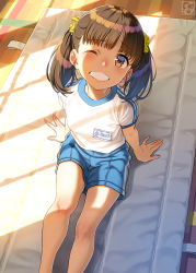Rule 34 | 1girl, child, gym uniform, highres, one eye closed, original, pairan, scrunchie, shorts, sitting, sitting on object, solo, twintails