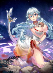 Rule 34 | 1girl, artemis (fate), bare shoulders, bear, between breasts, blue eyes, bracelet, breasts, dress, fate/grand order, fate (series), jewelry, lips, long hair, nail polish, open mouth, orion (bear) (fate), silver hair, smile, very long hair, water, wet
