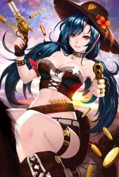 Rule 34 | 1girl, bare shoulders, belt, black gloves, blue hair, boots, breasts, cleavage, coin, collar, collarbone, female focus, fingerless gloves, gloves, gun, handgun, hat, holding, holding weapon, jewelry, light rays, long hair, looking at viewer, midriff, navel, original, phonic, pink eyes, pistol, ring, shorts, sitting, smile, solo, star (symbol), sunbeam, sunlight, twintails, weapon