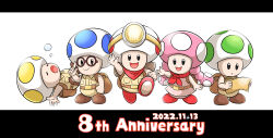 Rule 34 | 1girl, 4boys, :d, :o, absurdres, adjusting eyewear, anniversary, aogaeru (pixiv46613656), arm up, backpack, bag, bandana, breast pocket, brown-framed eyewear, brown bag, brown pants, brown shirt, captain toad, captain toad: treasure tracker, closed eyes, closed mouth, collared shirt, commentary request, dated, glasses, hand up, headlight, highres, holding, holding map, letterboxed, lying, map, mario (series), multiple boys, nintendo, on back, open mouth, pants, pocket, red bandana, red scarf, round eyewear, scarf, shirt, simple background, sleeping, smile, standing, toad (mario), toadette, waving, white background