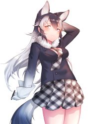 Rule 34 | 1girl, absurdres, akuma (st.takuma), animal ears, blue eyes, blush, breasts, extra ears, fur collar, gloves, grey wolf (kemono friends), hand in own hair, heterochromia, highres, kemono friends, looking at viewer, looking down, medium breasts, multicolored hair, necktie, pencil, plaid necktie, plaid neckwear, simple background, solo, tail, two-tone hair, white background, white gloves, wolf ears, wolf girl, wolf tail, yellow eyes