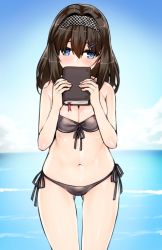 Rule 34 | 10s, 1girl, bad id, bad twitter id, bikini, black bikini, blue eyes, blue sky, book, breasts, brown hair, cleavage, cloud, cloudy sky, covering own mouth, cowboy shot, day, fingernails, front-tie bikini top, front-tie top, gluteal fold, groin, hair between eyes, hair ornament, hairband, hairclip, half-closed eyes, hands up, holding, holding book, idolmaster, idolmaster cinderella girls, large breasts, long fingernails, long hair, looking to the side, navel, ocean, outdoors, sagisawa fumika, side-tie bikini bottom, sky, solo, standing, stomach, strapless, strapless bikini, swimsuit, tama (tamatamo), water