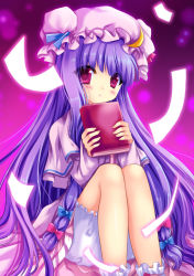 Rule 34 | 1girl, bad id, bad pixiv id, bloomers, blush, book, crescent, crescent moon, female focus, hair ribbon, hat, holding, holding book, long hair, looking at viewer, moon, patchouli knowledge, purple eyes, purple hair, ratise, red eyes, ribbon, sitting, solo, touhou, underwear