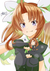 Rule 34 | 1girl, absurdres, ahoge, ayuman, black gloves, black vest, brown hair, dated, dual persona, fairy (kancolle), fingerless gloves, fist bump, gloves, green ribbon, green shirt, hair ribbon, highres, kagerou (kancolle), kantai collection, long hair, mini person, minigirl, ribbon, school uniform, shirt, short sleeves, signature, simple background, solo, twintails, upper body, vest, white background