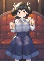 Rule 34 | 1girl, banana, black hair, blue dress, brand name imitation, breasts, brown eyes, couch, dress, food, fruit, hair ornament, holding, holding food, large breasts, looking at viewer, mouth hold, oppai loli, original, rabbit hair ornament, sakimori dan, short hair, short twintails, sitting, solo, starbucks, turtleneck, twintails, two side up