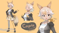 Rule 34 | animal ears, black jacket, blonde hair, coyopotato, coyote, coyote (kemono friends), wolf ears, wolf tail, gloves, highres, jacket, kemono friends, kemono friends v project, necktie, shirt, shoes, short hair, skirt, smile, tail, udensha, virtual youtuber, white shirt, yellow eyes, yellow gloves