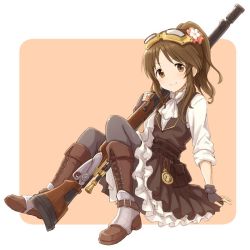 Rule 34 | 1girl, alternate costume, ascot, bad id, bad twitter id, black pantyhose, boots, brown background, brown eyes, brown hair, commentary request, fingerless gloves, flower, full body, gloves, goggles, goggles on head, gun, hair flower, hair ornament, idolmaster, idolmaster cinderella girls, long hair, looking at viewer, mugi (banban53), pantyhose, pocket watch, ponytail, rifle, sitting, smile, solo, steampunk, takamori aiko, two-tone background, watch, weapon, white background