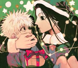 Rule 34 | 2boys, black eyes, black hair, box, brothers, carrying, christmas, christmas ornaments, christmas present, christmas tree, commentary request, covering another&#039;s mouth, elf hat, gift, gift box, hat, highres, holding, holding gift, hunter x hunter, illumi zoldyck, killua zoldyck, long hair, long sleeves, looking at another, male focus, multiple boys, parted lips, shenshan laolin, shirt, short hair, siblings, white hair
