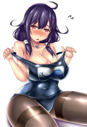 Rule 34 | 1girl, adjusting clothes, adjusting swimsuit, ahoge, alternate costume, animal print, bad id, bad pixiv id, black pantyhose, blue one-piece swimsuit, blush, breasts, covered navel, fish print, hair flaps, heart, heart-shaped pupils, highres, kantai collection, large breasts, long hair, looking at viewer, low twintails, magatama, name tag, one-piece swimsuit, open mouth, pantyhose, pantyhose under swimsuit, purple hair, red eyes, school swimsuit, simple background, solo, swimsuit, symbol-shaped pupils, taigei (kancolle), terakoya, thighband pantyhose, twintails, whale, whale print, white background