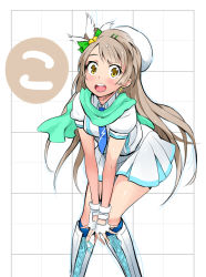 Rule 34 | 10s, 1girl, blush, boots, bow, brown eyes, brown hair, fingerless gloves, gloves, hair bow, hat, highres, leaning forward, long hair, looking at viewer, love live!, love live! school idol project, minami kotori, nac000, open mouth, scarf, side ponytail, skirt, smile, solo, wonderful rush